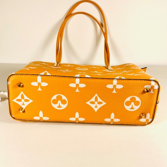Trendy orange/white monogram pattern tote shoulder crossbody bag/wallet set gold - Picture 5 of 14